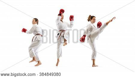 Strong. Junior In Kimono Practicing Taekwondo Combat, Martial Arts. Young Female Fighter With Red Gl