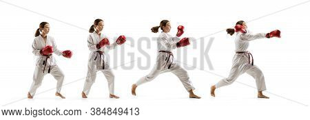 Active. Junior In Kimono Practicing Taekwondo Combat, Martial Arts. Young Female Fighter With Red Gl