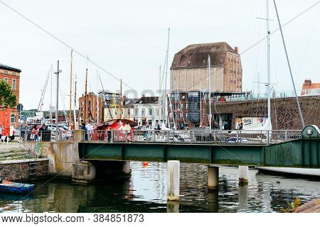 Stralsund, Germany - July 31, 2019: View Of The Harbour. Stralsund Old Town Is A Unesco World Herita