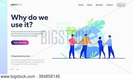 People Walking Around Globe And Holding Each Other By Hands Flat Vector Illustration. Tiny People Sa