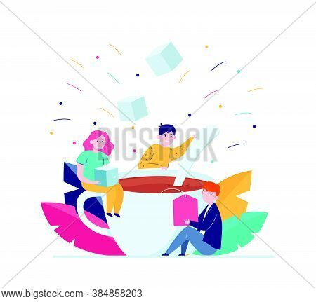 Happy People Mixing Sugar In Big Cup Of Tea. Spoon, Office, Lunch Flat Vector Illustration. Hot Beve