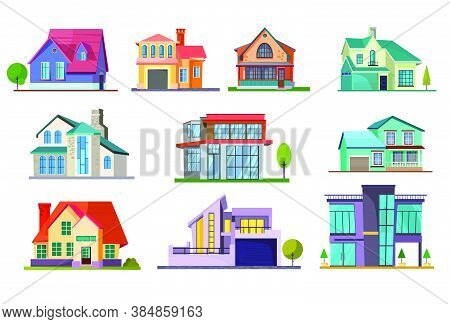 Apartment House Set. Building, Cottage, Villa. Architecture Concept. Vector Illustrations Can Be Use