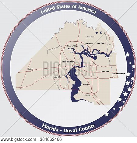 Round Button With Detailed Map Of Duval County In Florida, Usa.