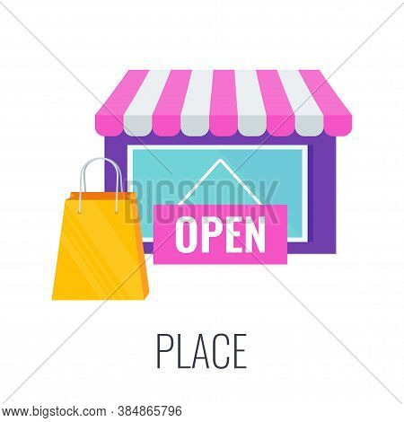 Place, Store Infographics Pictogram. Four 4 Ps Marketing Mix. Segmentation, Target Audience. Global 