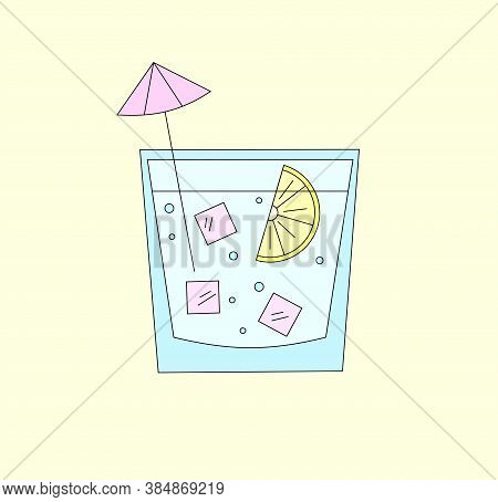 Vector Illustration Of A Cocktail With A Slice Of Lemon And Ice.