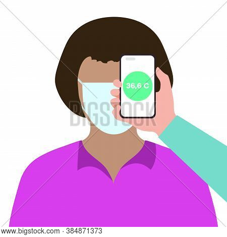 Vector Illustration Phone Placed On Forehead Of Person Remotely Measures Temperature. New Technology