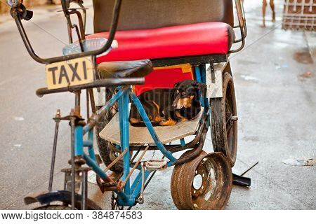 Havana, Cuba - December 11, 2016: Bicycle Taxi In Old Havana / Cuba