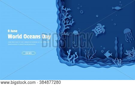 Web Page Design Template In Paper Cut Style Underwater Ocean Underwater View. Aquarium With Wild Lif
