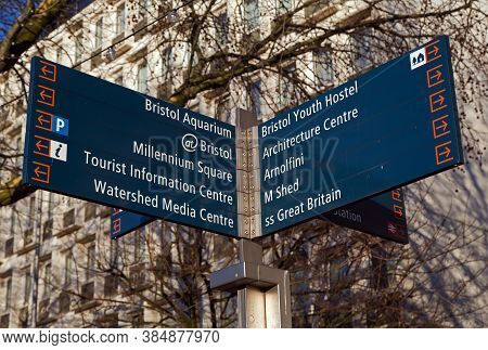 Bristol, Uk - 24 February, 2016: A Sign On The Harbourside Giving Directions To A Number Of The City