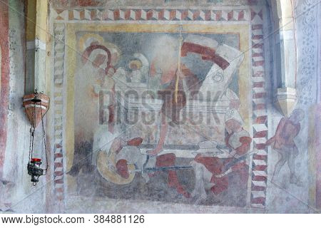 PETROVINA, CROATIA - JULY 22, 2013: Resurrection of Christ, fresco in the church of Saint Peter in Petrovina, Croatia