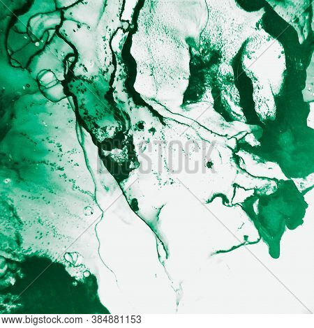 Multilayer Drawing. Alcohol Ink Template. Transparent Paint. Green, White Multilayer Drawing. Ethere