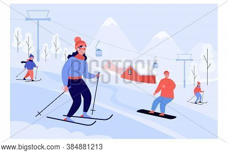 Happy People With Kids Skiing And Snowboarding Past Elevator In Mountains. Tourists Enjoying Vacatio