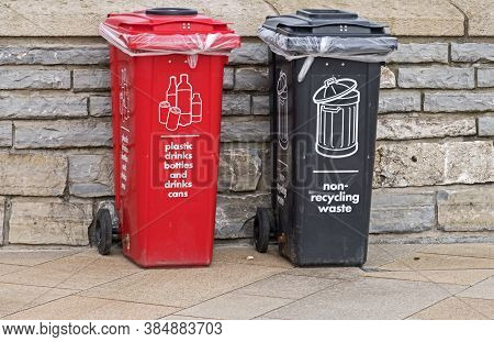 Weston-super-mare, Uk - 10 April, 2016: Bins For Recyclable And Non Recyclable Waste