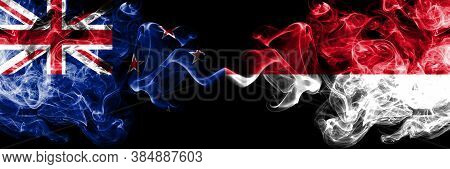 New Zealand Vs Monaco, Monacan Smoky Mystic Flags Placed Side By Side. Thick Colored Silky Abstract 