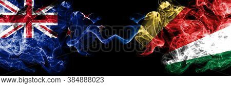 New Zealand Vs Seychelles, Seychelloise Smoky Mystic Flags Placed Side By Side. Thick Colored Silky 