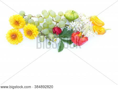 Autumn Floral, Fruit And Vegetables Still Life Composition. Chilli, Tomatillo, Grapes, Orange Tagete