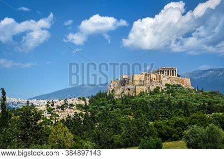 Great View Of Acropolis Hill From Pnyx Hill On Summer Day With Great Clouds In Blue Sky, Athens, Gre