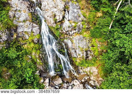 Aerial View Of Todtnau Waterfall In The Black Forest Mountains. One Of The Highest Waterfalls In Ger