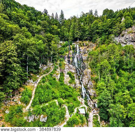 Aerial View Of Todtnau Waterfall In The Black Forest Mountains. One Of The Highest Waterfalls In Ger