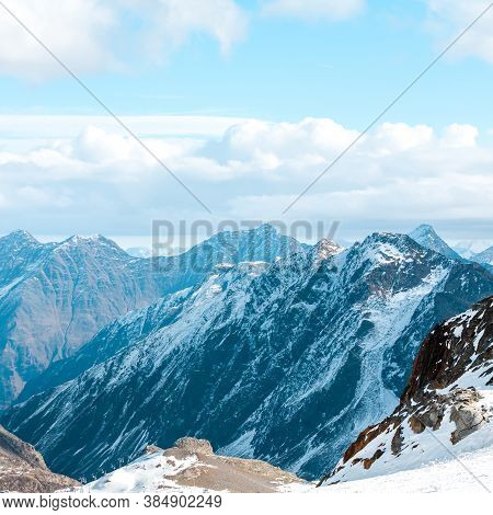 High Rocky Mountain Landscape. Beautiful Scenic View Of Mount. Alps Ski Resort. Austria, Stubai, Stu