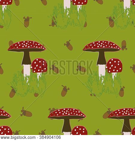 Autumn Red With White Dots Mushroom Repeat Pattern