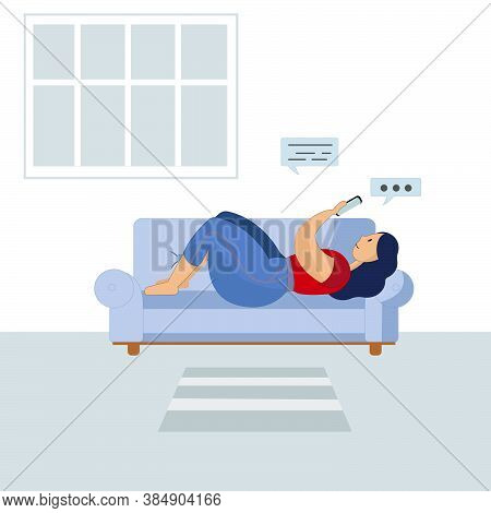 An Illustration Of A Woman Laying On A Blue Sofa With Her Smartphone. Blue Window In The Background.