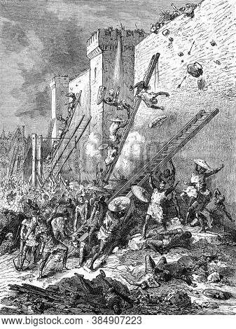 The king with his knights and the people of Amiens storming the fortress of Castillon, Vintage engraving. From Popular France, 1869.