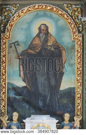 PETROVINA, CROATIA - JULY 22, 2013: Saint Anthony, altarpiece on the altar of Saint Anthony the Hermit in the parish church of Saint Peter in Petrova, Croatia
