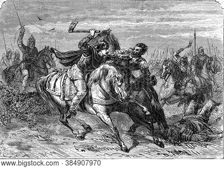 Glovis killing Alaric at the Battle of Voulon, Vintage engraving. From Popular France, 1869.