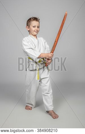 child who practices martial arts and uses a wooden bokken. studio shot.
