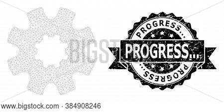 Progress... Unclean Stamp Seal And Vector Cog Gear Mesh Structure. Black Stamp Seal Has Progress... 