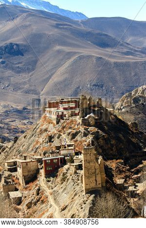 Asian Mountain Village Jhong In Autumn In Lower Mustang, Nepal, Himalaya, Annapurna Conservation Are