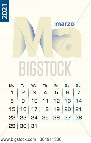 Minimalist Calendar Template For March 2021, Vector Calendar In Spanish Language. Vector Calendar Fo