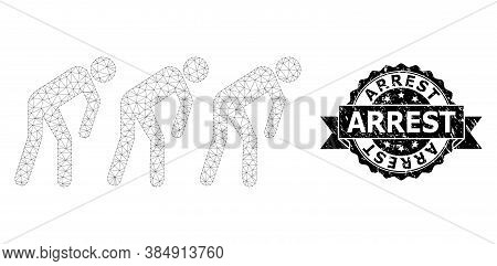 Arrest Grunge Stamp And Vector Slave People Mesh Model. Black Seal Contains Arrest Tag Inside Ribbon