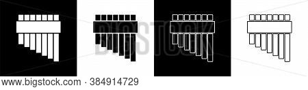 Set Pan Flute Icon Isolated On Black And White Background. Traditional Peruvian Musical Instrument. 