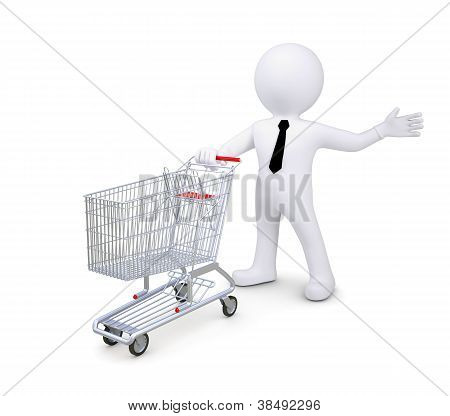 weiÃŸe menschliche stehen in der NÃ¤he einen Supermarkt Wagen. zeigt eine Hand auf die Seite