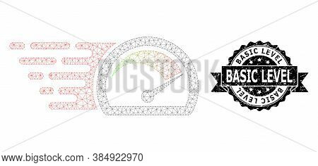 Basic Level Rubber Stamp Seal And Vector Speed Gauge Mesh Model. Black Stamp Includes Basic Level Ti
