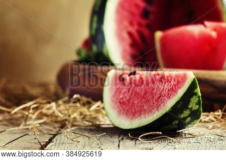 Chunks Of Of Watermelon, Rustic Style, Old Wooden Background, Selective Focus