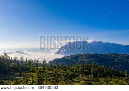 Tauplitz View To Grimming Mountain In The Austrian Alps. Beautiful Autumn Scenery In The Mountains.