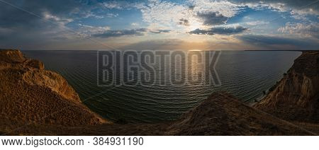 Picturesque Sunset Panoramic Landscape Of Stanislav Clay Mountains And Canyons Above Dnipro River Ba