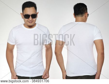 Young Asian Male In Blank White T-shirt, Front And Back View, Isolated Oon White. Design Men Shirt M