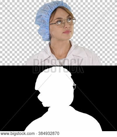 Woman Doctor In Glasses And Hat Walking And Looking Around, Alph