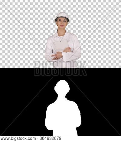 Female Doctor Engineer Walking With Digital Tablet, Alpha Channe