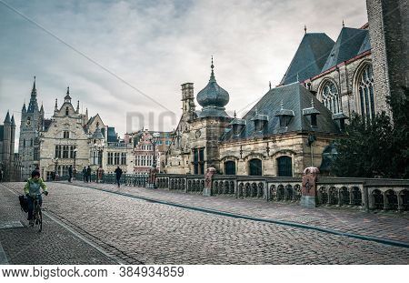 Belgium, Gent - January 02, 2018: Medieval City Of Gent (ghent) In Flanders With Saint Nicholas Chur