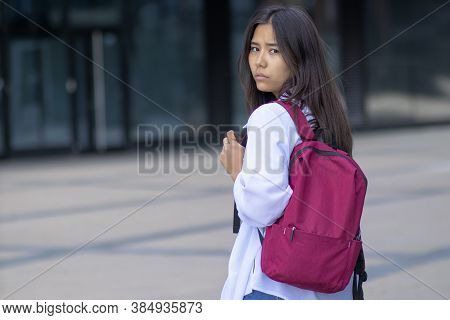 Serious, Sad Woman Asian, Student Going To Class. Copy Space