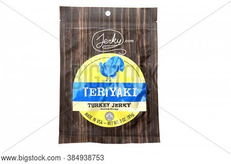 Lake Forest, California / USA - September 10-2020: A Package of Teriyaki Flavor Turkey Jerky. Cooked Dried Turkey in the form of Jerky. Jerky is loved by people world wide. Editorial Use. 