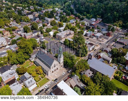 Scenic Seasonal Landscape From Above Aerial View Of A Small Town Countryside Of Lambertville New Jer