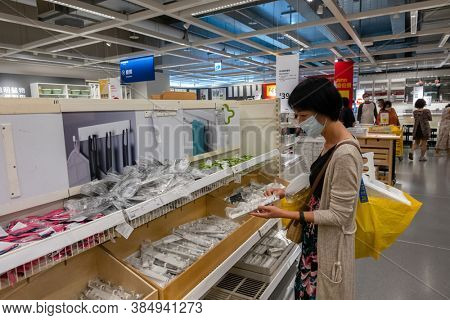 Taichung, Taiwan - September 10th, 2020: modern building interior of IKEA, famous furniture store supermarket  in Taichung, Taiwan, Asia