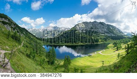 Tauplitz Alm. Panorama Of Lake Großsee In The Styria Region In The Austrian Alps During Summer.
