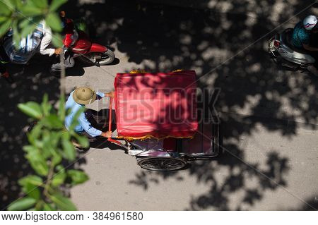 hanoi, vietnam Aug 28,2016: dailylife in vietnam. Tourist look around Hanoi's Old Quarter by pedicad